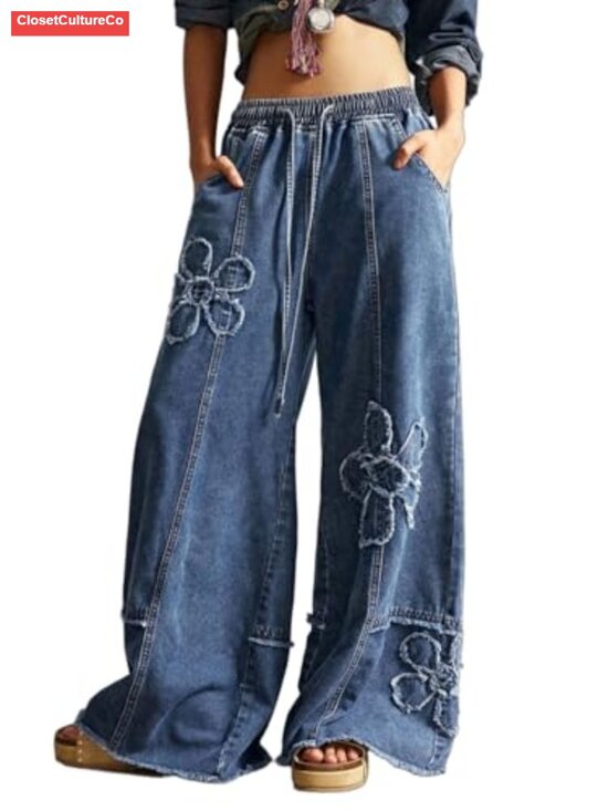 Denim - Baggy Wide Leg Jeans Women Drawstring High Waisted Distressed Denim Pants